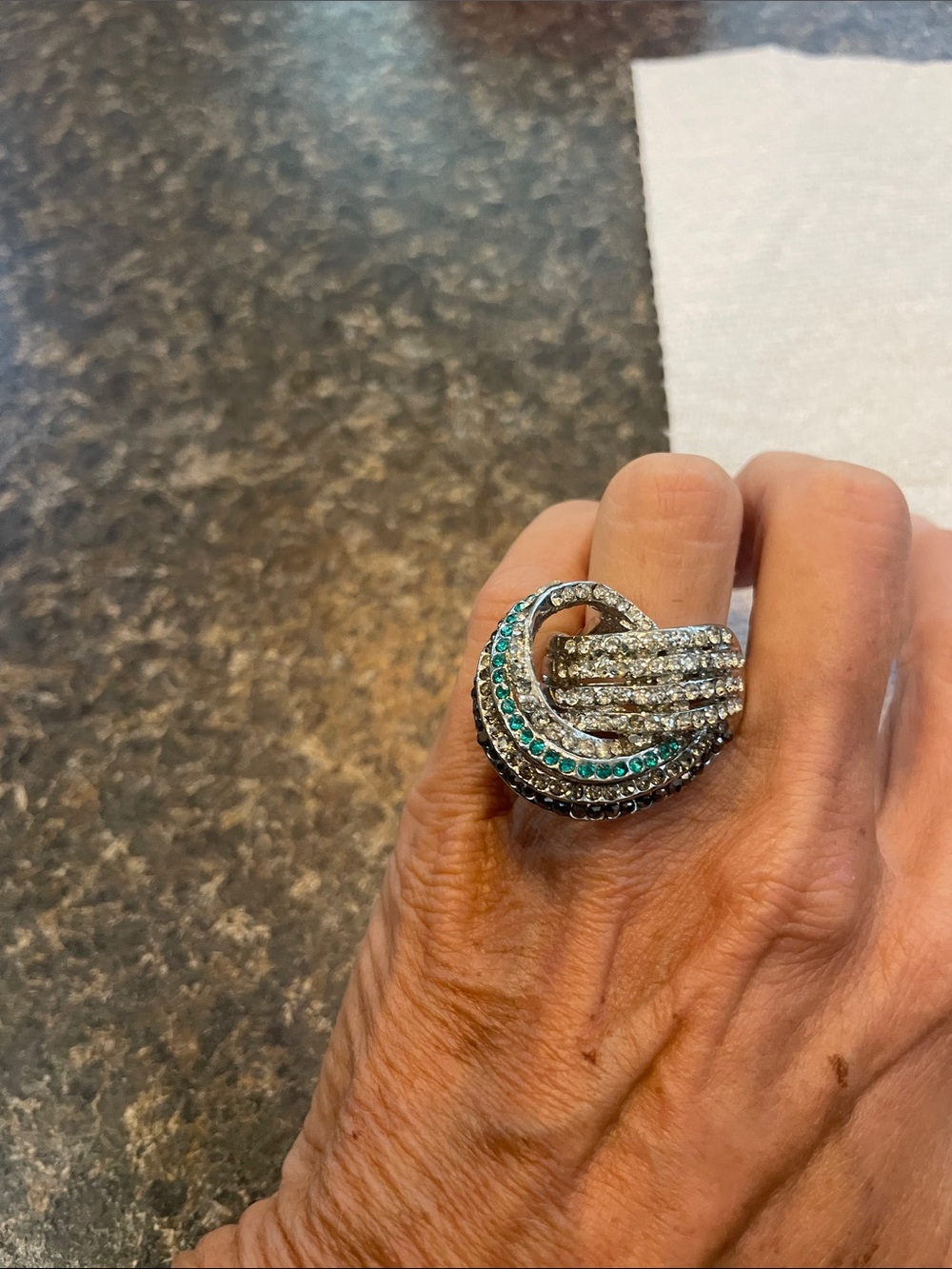 Crystal Pave Swirl Statement Ring in Silver with Teal Accents